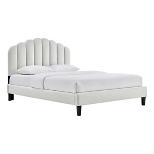 Maklaine Modern Performance Velvet Queen Platform Bed in Light Gray
