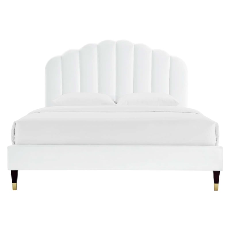 Maklaine Modern Performance Velvet Queen Platform Bed in White