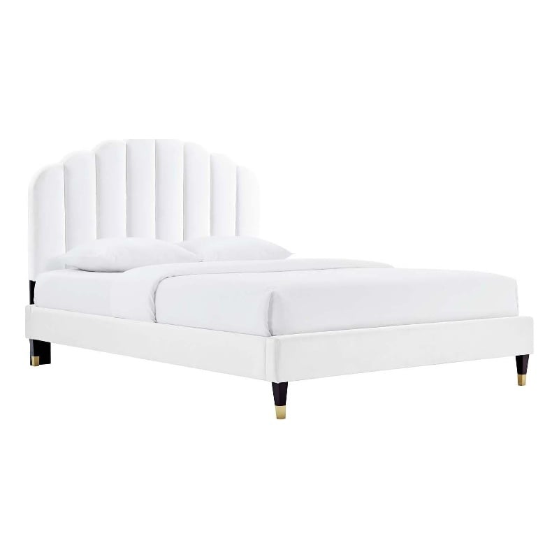 Maklaine Modern Performance Velvet Queen Platform Bed in White