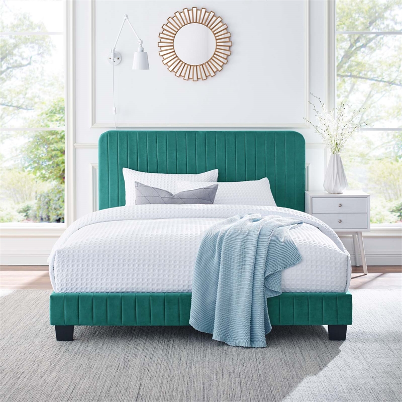 Maklaine Channel Tufted Performance Velvet King Platform Bed in Teal Green
