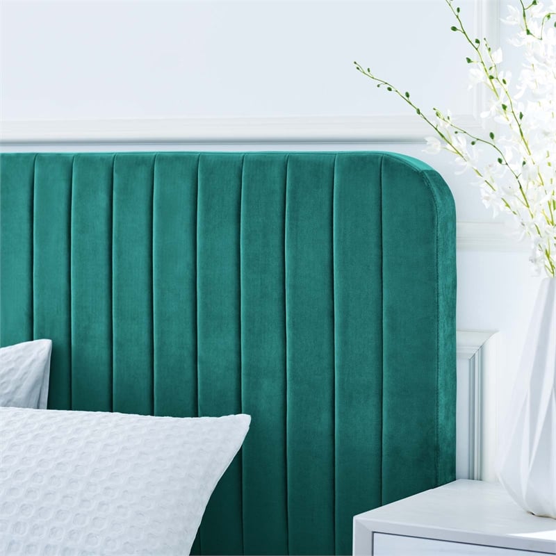 Maklaine Channel Tufted Performance Velvet King Platform Bed in Teal Green