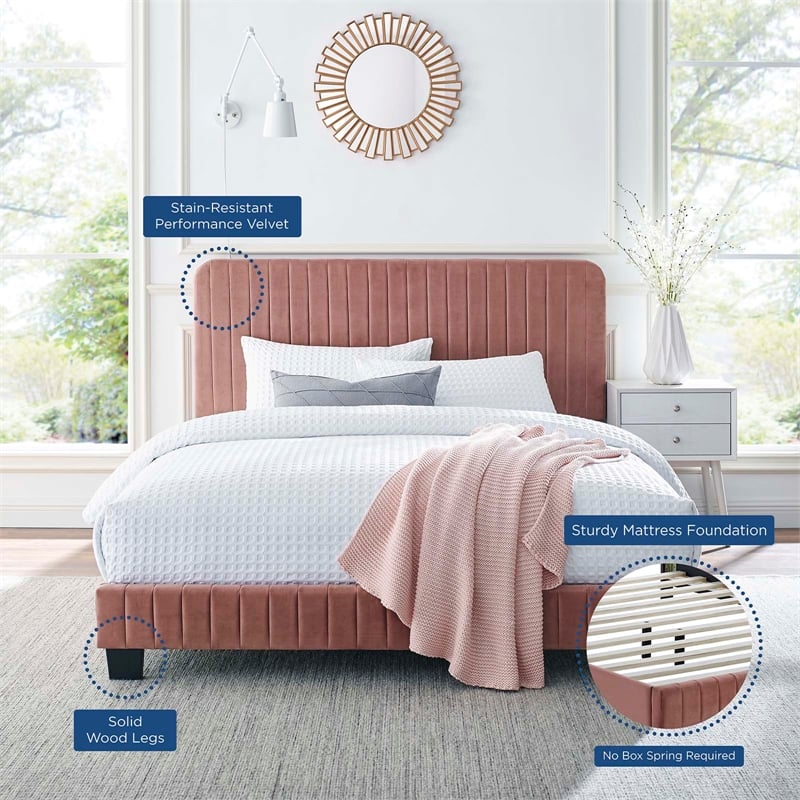 Maklaine Channel Tufted Performance Velvet Queen Platform Bed in Dusty Rose