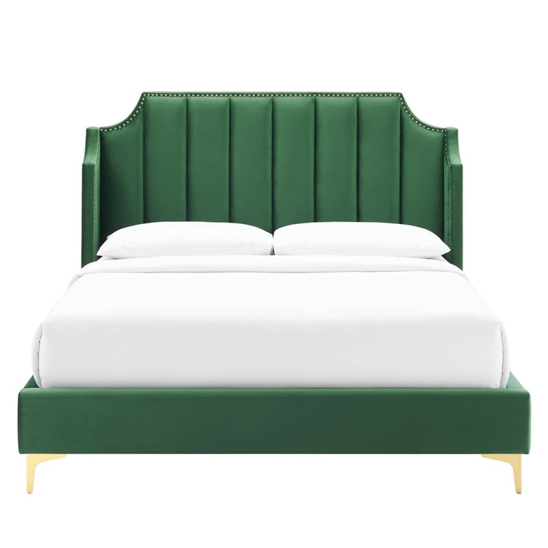 Maklaine Performance Velvet Queen Platform Bed in Emerald Green