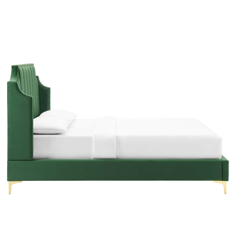 Maklaine Performance Velvet Queen Platform Bed in Emerald Green