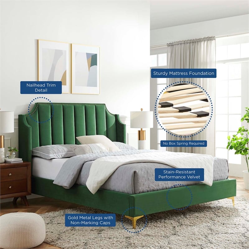 Maklaine Performance Velvet Queen Platform Bed in Emerald Green
