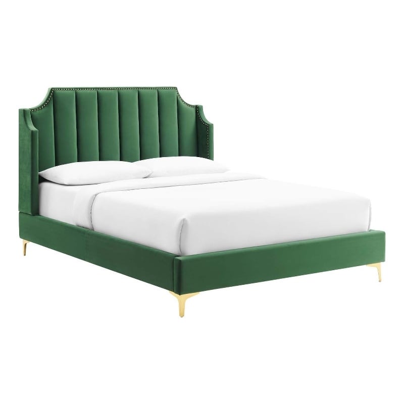 Maklaine Performance Velvet Queen Platform Bed in Emerald Green