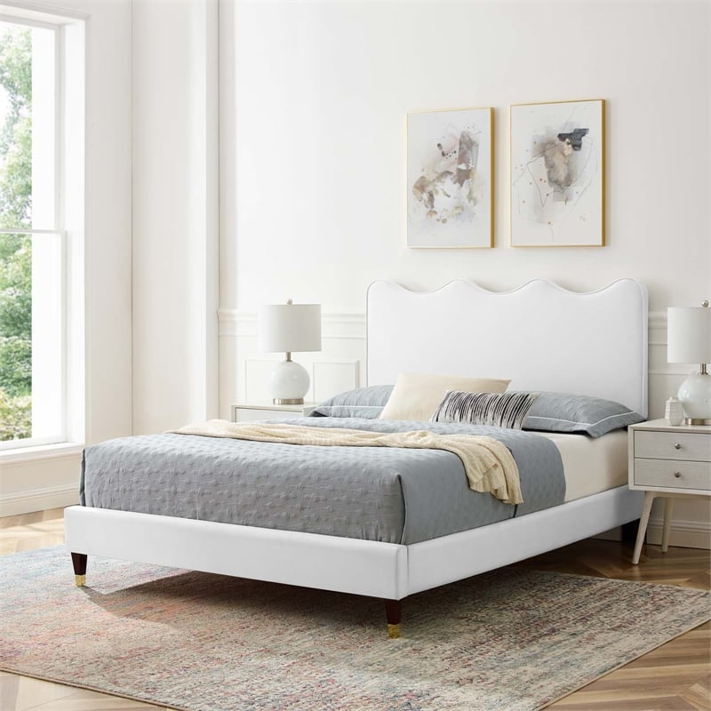 Maklaine Performance Velvet Upholstered Twin Platform Bed in White