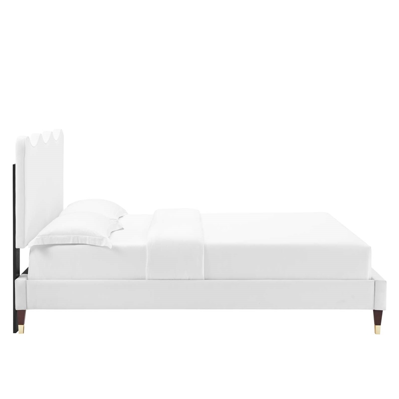 Maklaine Performance Velvet Upholstered Twin Platform Bed in White