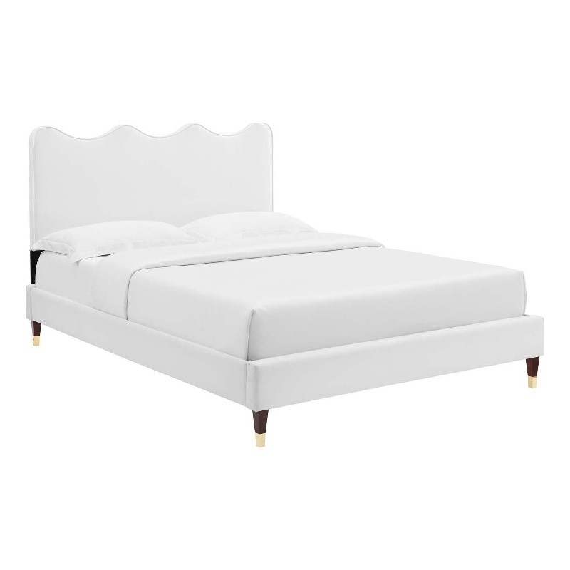 Maklaine Performance Velvet Upholstered Twin Platform Bed in White
