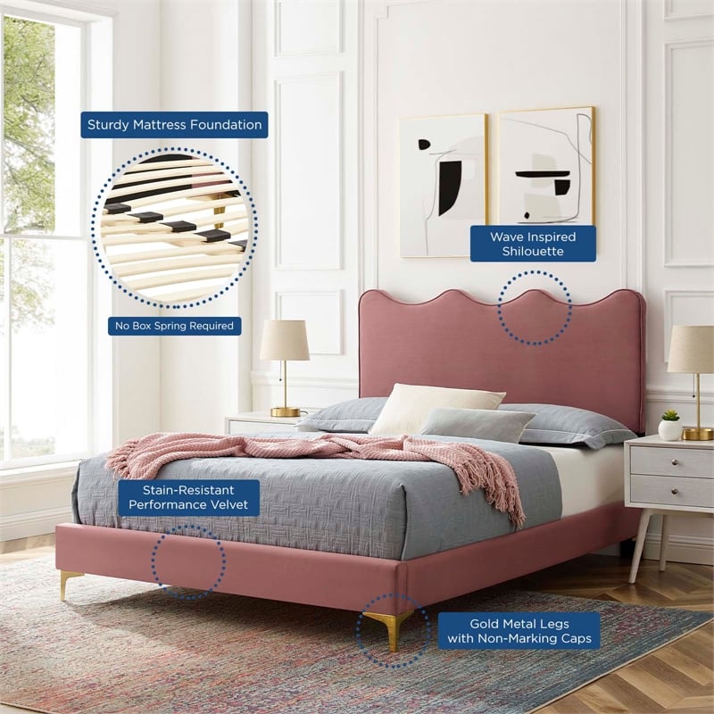 Maklaine Performance Velvet Twin Platform Bed in Dusty Rose Pink