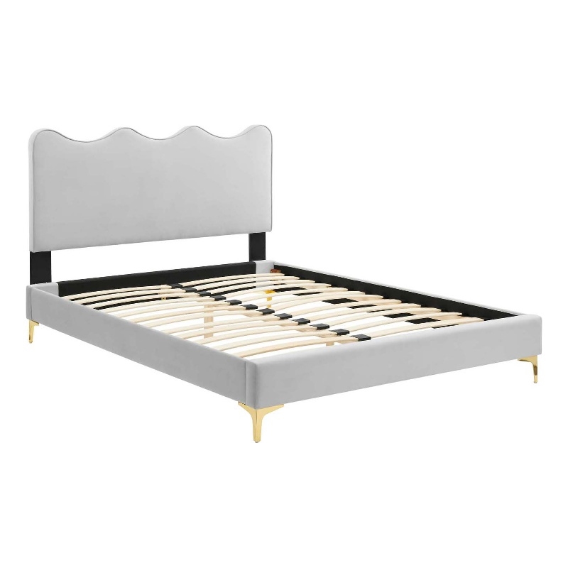 Maklaine Performance Velvet Upholstered Twin Platform Bed in Light Gray