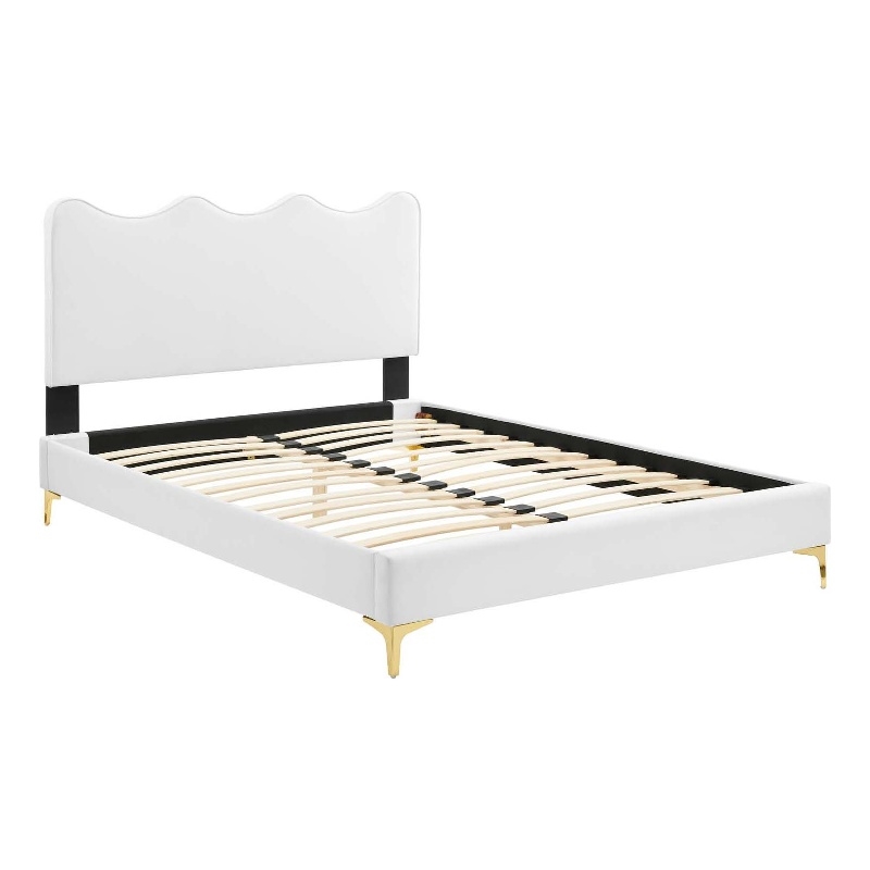 Maklaine Performance Velvet Upholstered Twin Platform Bed in White
