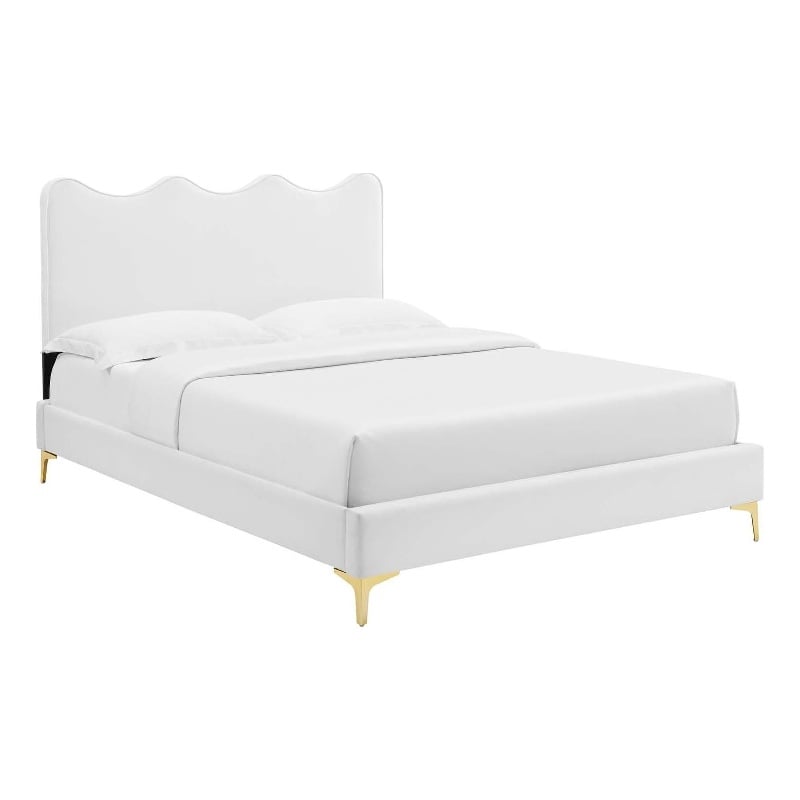 Maklaine Performance Velvet Upholstered Twin Platform Bed in White