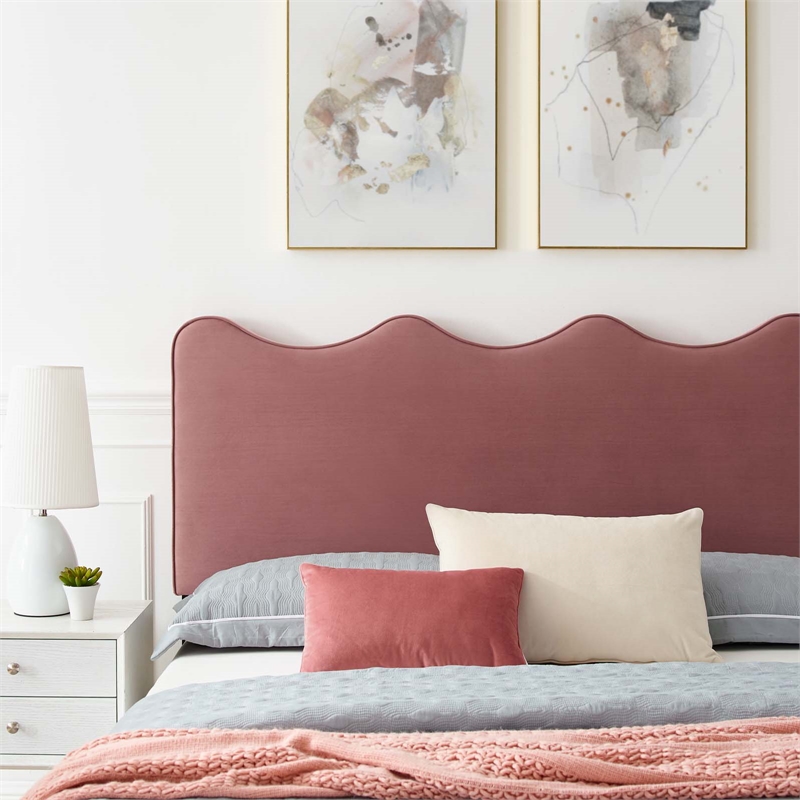 Maklaine Modern Velvet Queen Platform Bed in Dusty Rose Pink