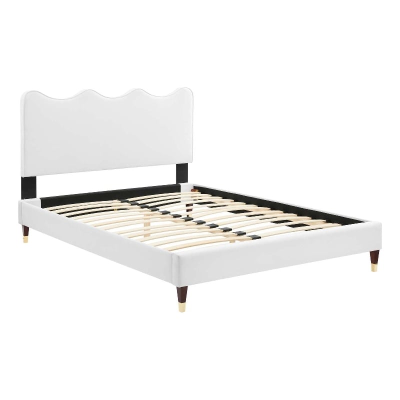 Maklaine Modern Performance Velvet Queen Platform Bed in White