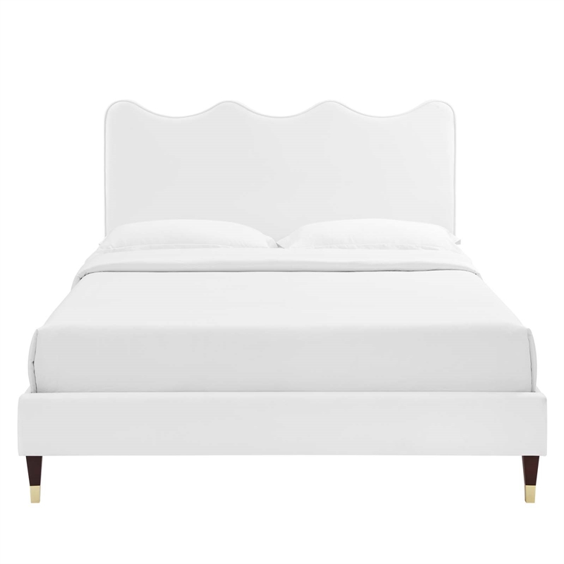 Maklaine Modern Performance Velvet Queen Platform Bed in White