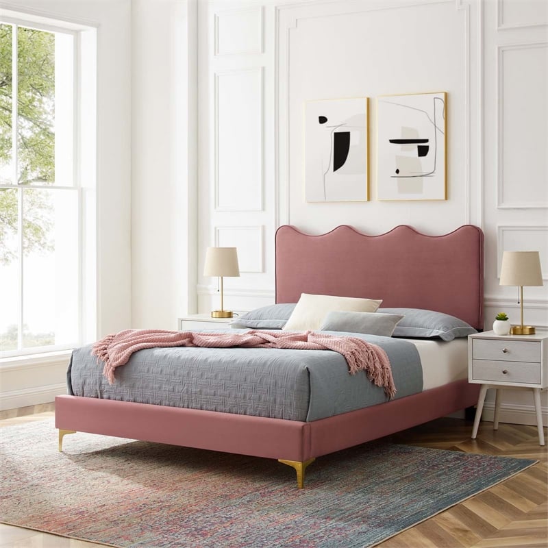 Maklaine Modern Performance Velvet Full Platform Bed - Dusty Rose Pink