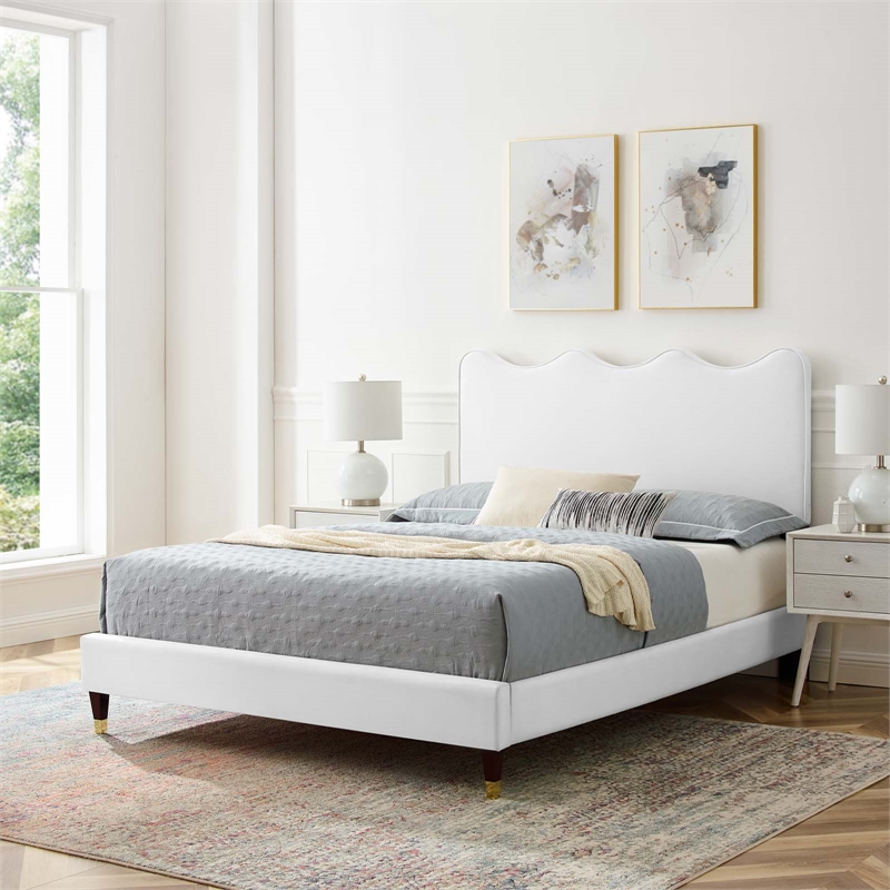 Maklaine Modern Performance Velvet Full Platform Bed in White