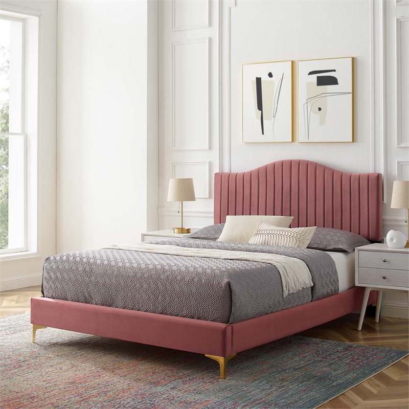 Maklaine Channel Tufted Performance Velvet King Platform Bed - Dusty Rose