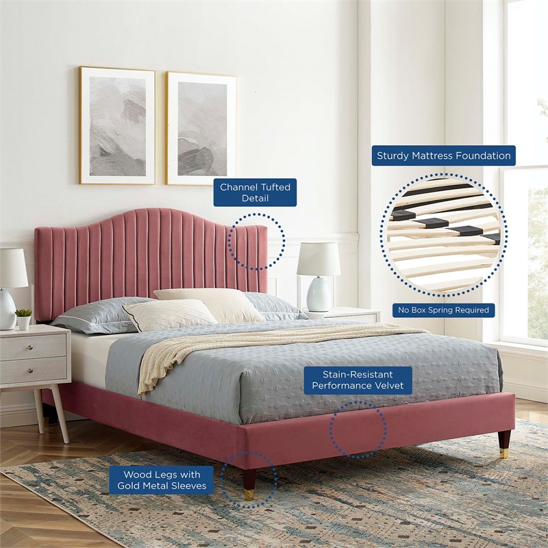 Maklaine Channel Tufted Velvet King Platform Bed in Dusty Rose