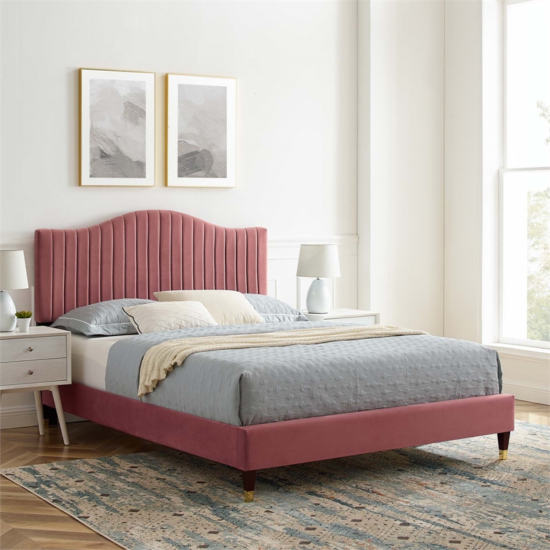 Maklaine Channel Tufted Velvet Twin Platform Bed in Dusty Rose