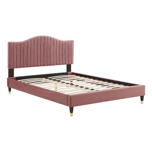 Maklaine Channel Tufted Velvet Twin Platform Bed in Dusty Rose