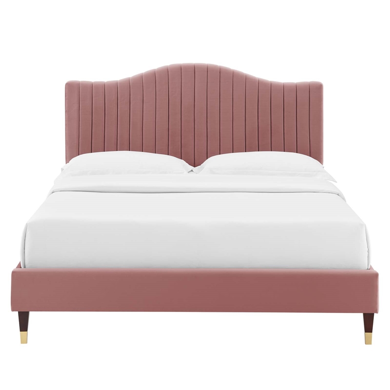 Maklaine Channel Tufted Velvet Twin Platform Bed in Dusty Rose