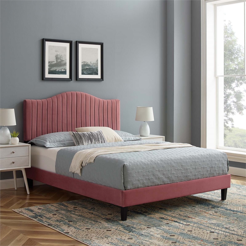 Maklaine Channel Tufted Performance Velvet Twin Platform Bed in Dusty Rose