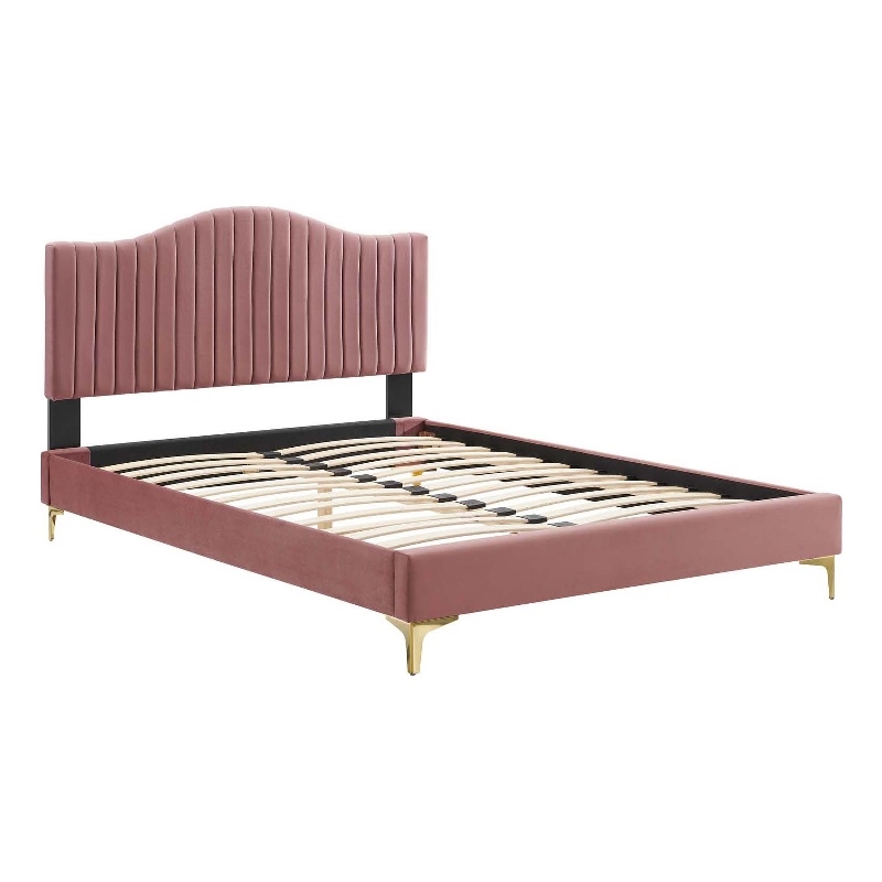 Maklaine Channel Tufted Velvet Queen Platform Bed in Dusty Rose