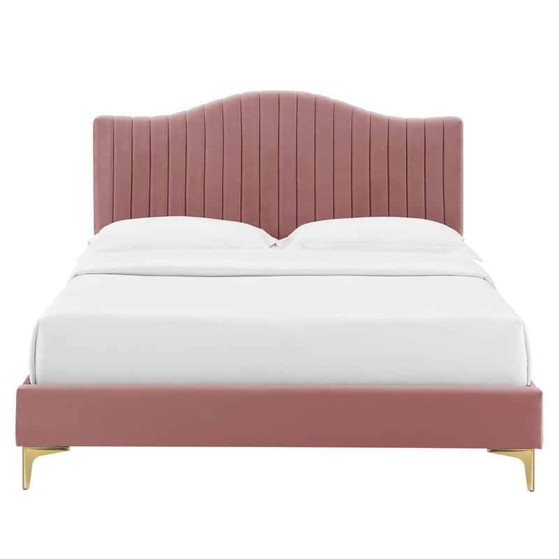 Maklaine Channel Tufted Velvet Queen Platform Bed in Dusty Rose