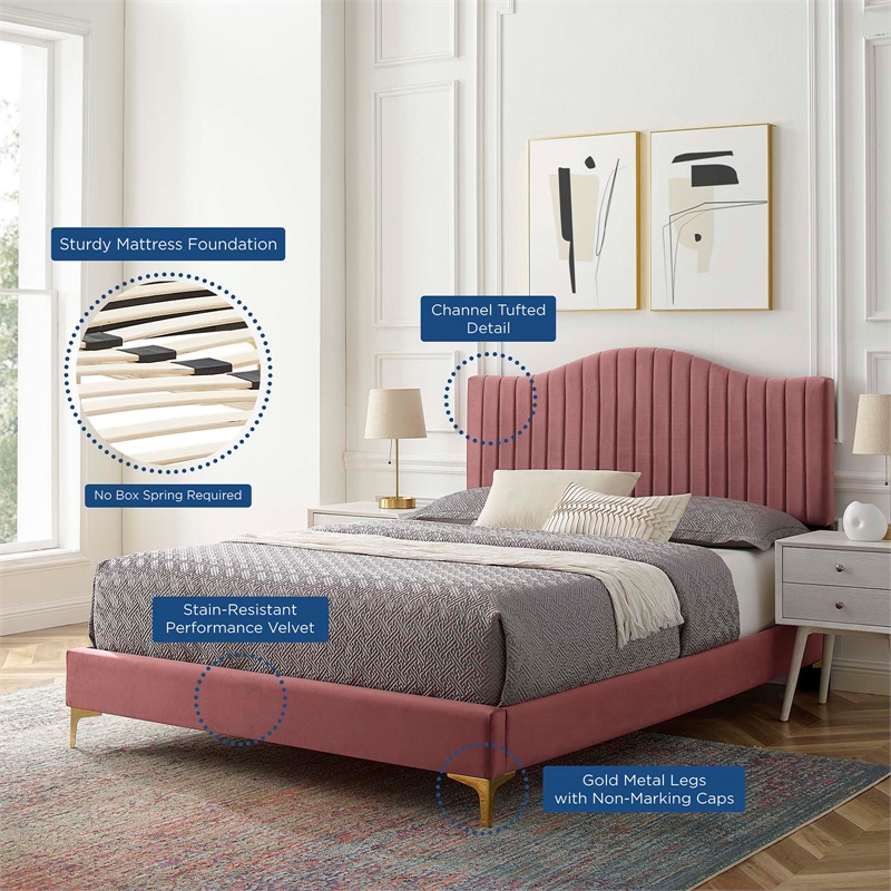 Maklaine Channel Tufted Velvet Queen Platform Bed in Dusty Rose