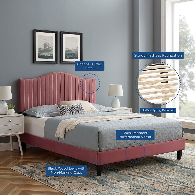 Maklaine Channel Tufted Performance Velvet King Platform Bed in Dusty Rose
