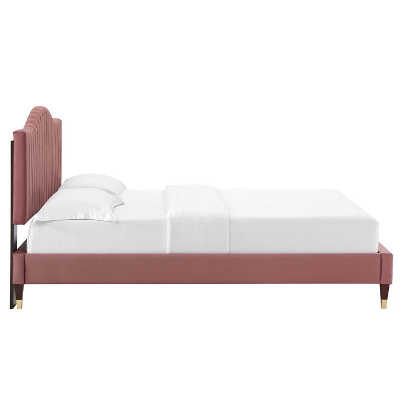 Maklaine Channel Tufted Velvet Queen Platform Bed - Dusty Rose