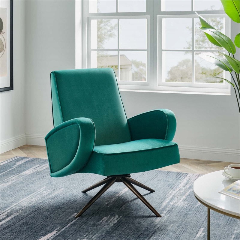 Maklaine Modern Performance Velvet Swivel Chair in Teal Blue