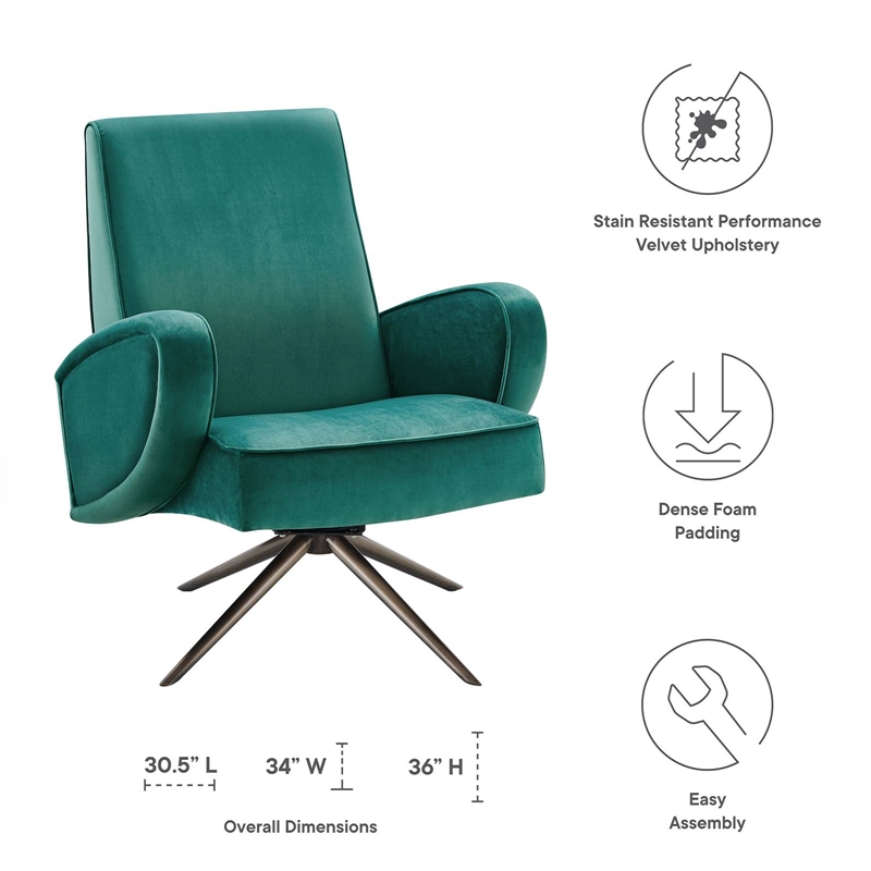 Maklaine Modern Performance Velvet Swivel Chair in Teal Blue