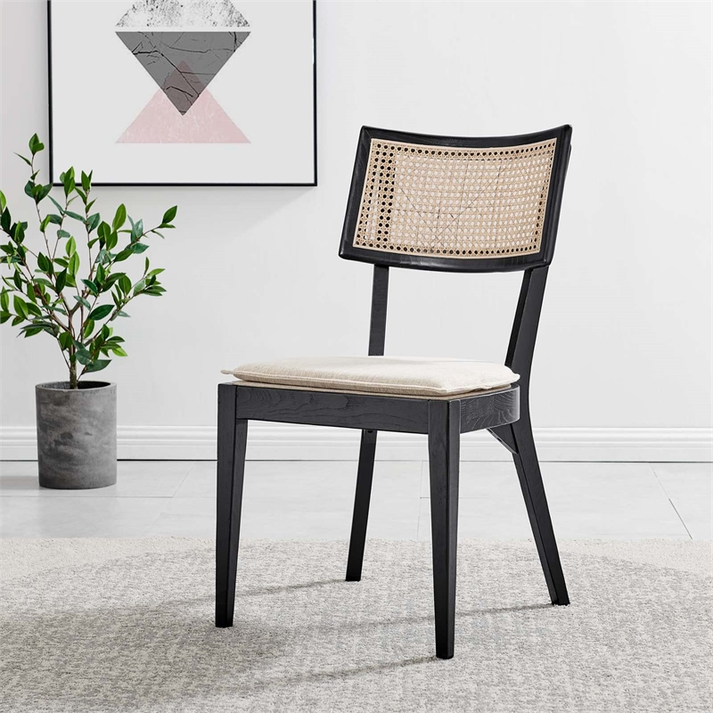 Maklaine Rattan Elm Wood Fabric Dining Chairs in Black/Beige (Set of 2)