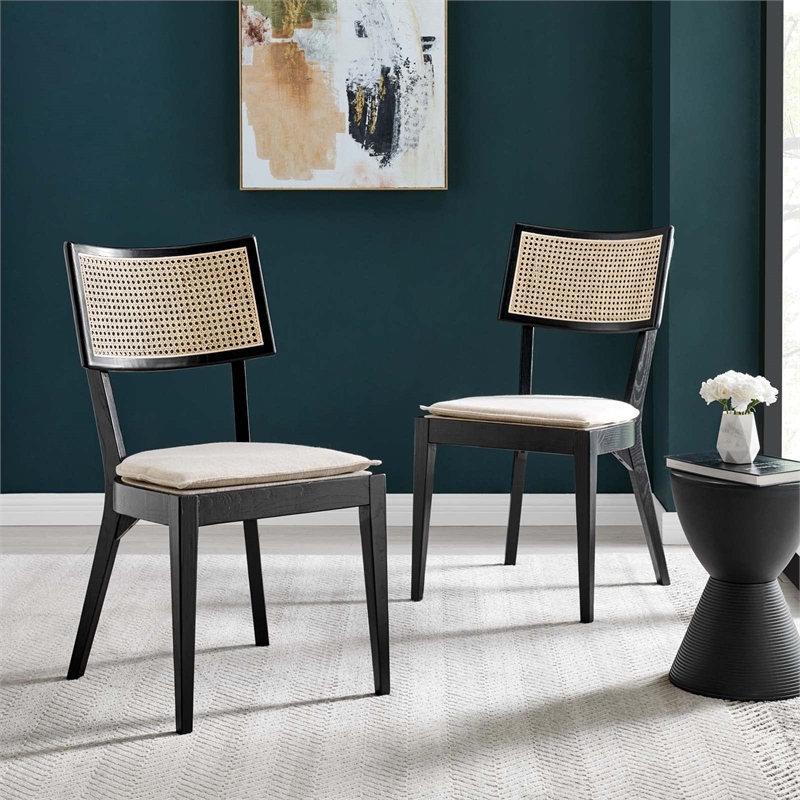 Maklaine Rattan Elm Wood Fabric Dining Chairs in Black/Beige (Set of 2)