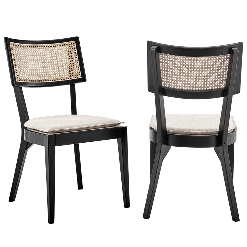 Maklaine Rattan Elm Wood Fabric Dining Chairs in Black/Beige (Set of 2)