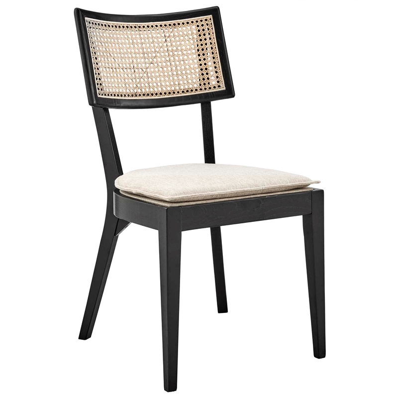 Maklaine Rattan Elm Wood Fabric Dining Chairs in Black/Beige (Set of 2)