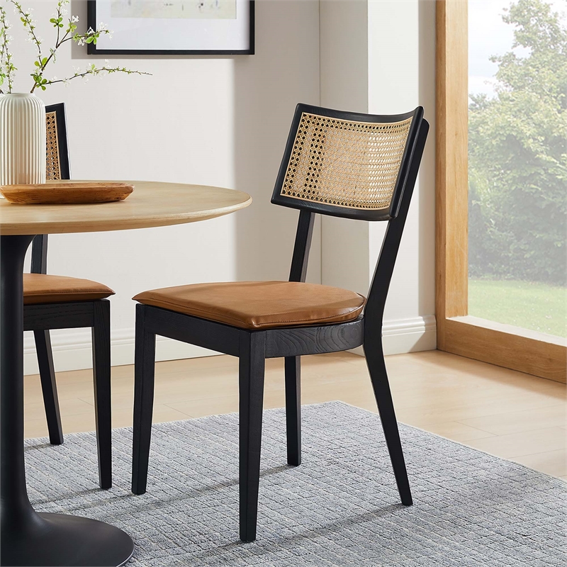 Maklaine Vegan Leather Upholstered Wood Dining ChairsSet of 2 in Black Tan