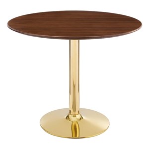 Maklaine 35&quot Round Modern Wood & Metal Dining Table in Walnut/Gold