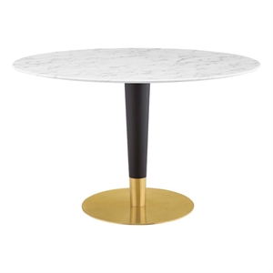 Maklaine 47&quot Round Wood & Artificial Marble Dining Table in White/Gold