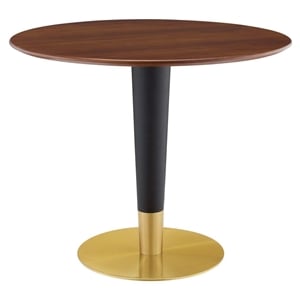 Maklaine 35.5&quot Round Modern Wood Dining Table in Walnut & Gold
