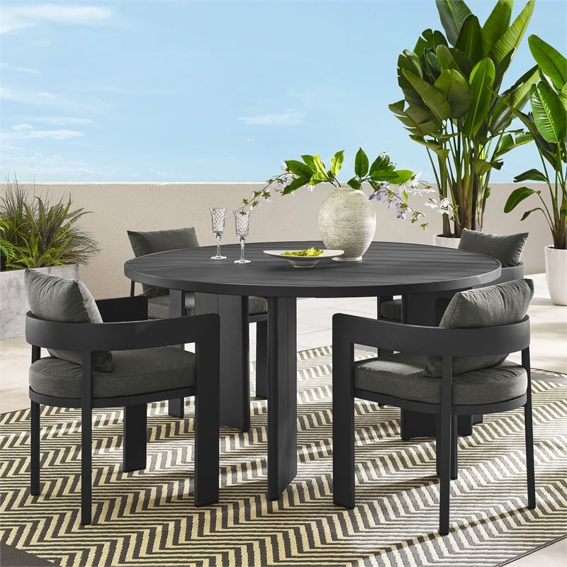 Maklaine Contemporary Powder-Coated Aluminum Dining Set in Gray Charcoal