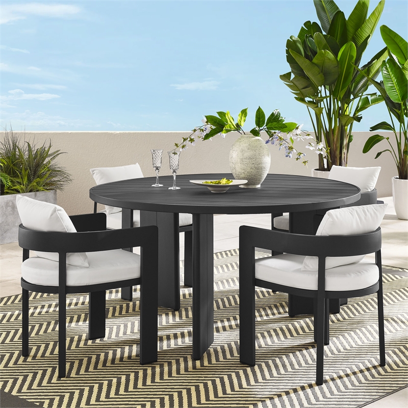 Maklaine Contemporary Powder-Coated Aluminum Dining Set in Gray White