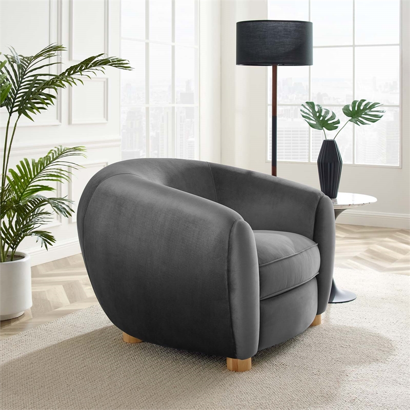 Maklaine Modern Performance Velvet Armchair in Charcoal/Natural