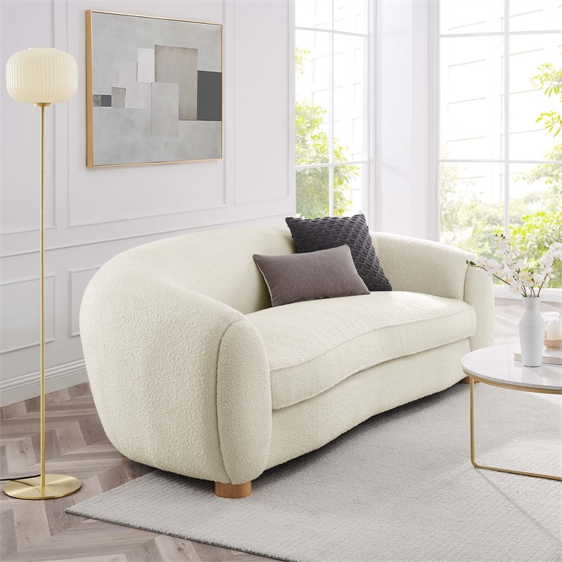 Maklaine Beech Wood and Boucle Upholstered Fabric Sofa in Ivory