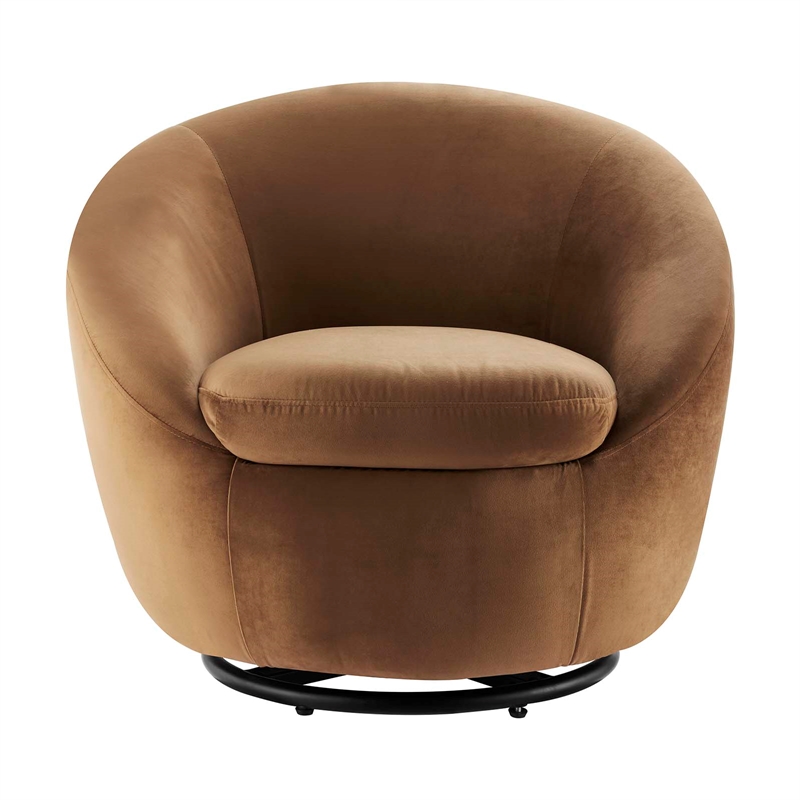 Maklaine Performance Velvet Swivel Chair in Black/Cognac Brown