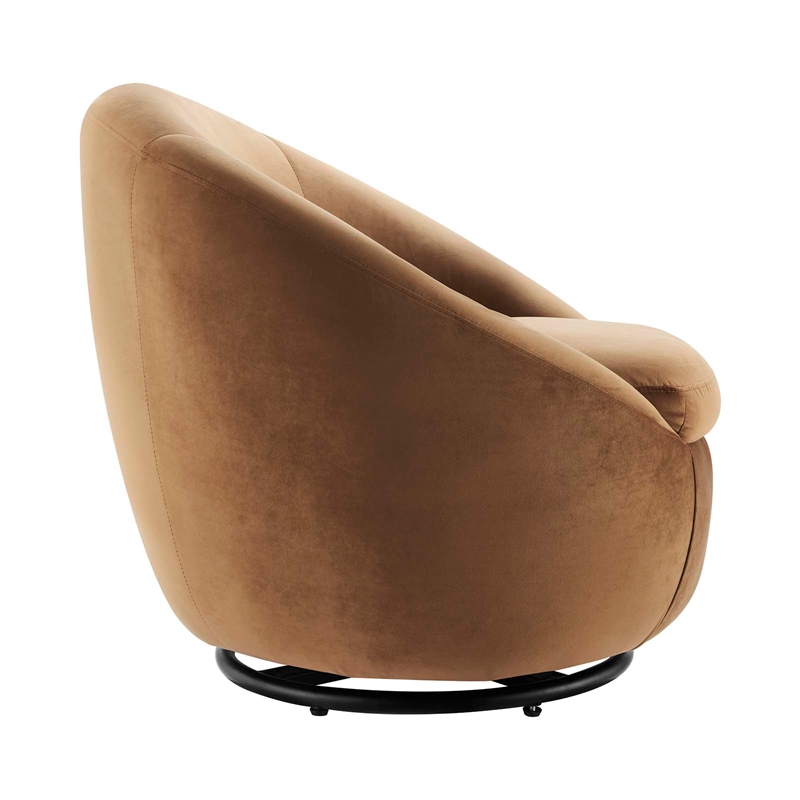 Maklaine Performance Velvet Swivel Chair in Black/Cognac Brown
