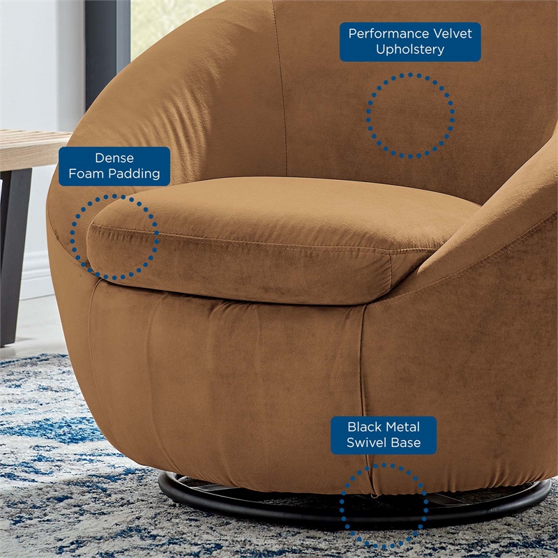 Maklaine Performance Velvet Swivel Chair in Black/Cognac Brown